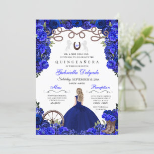 Invitación Blue Horseshoe Western Charra Floral Quinceanera