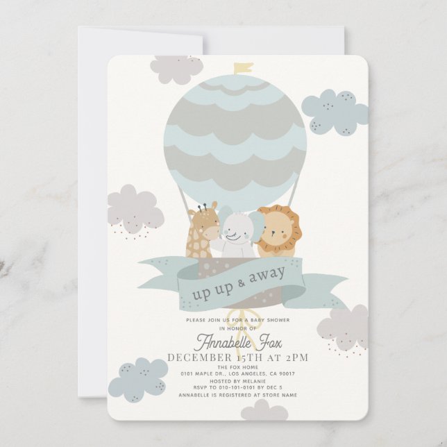 Invitación Blue Hot Air Balloon Animals Boy Baby Shower (Anverso)