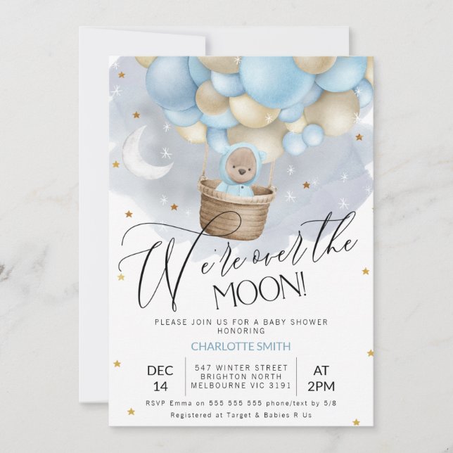 Invitación Blue Hot Air Balloon Bear Over Moon Baby Shower (Anverso)