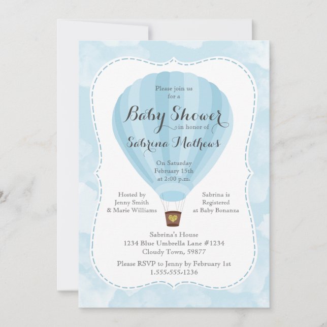 Invitación Blue Hot Air Balloon Boy Baby Shower (Anverso)