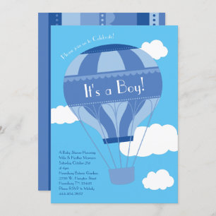 Invitación Blue Hot Air Balloon Boy Baby Shower Vintage