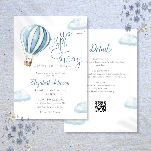 Invitación Blue Hot Air Balloon Boy En Un Baby Shower (Blue Hot Air Balloon Boy All In One Baby Shower Invitation)