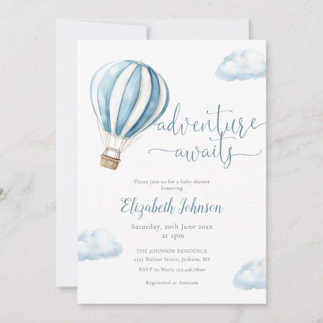 Invitación Blue Hot Air Balloon Boy En Un Baby Shower (Anverso)