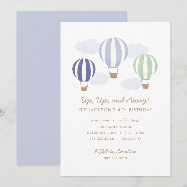 Invitación Blue Hot Air Balloons Boy Birday Party (Anverso / Reverso)