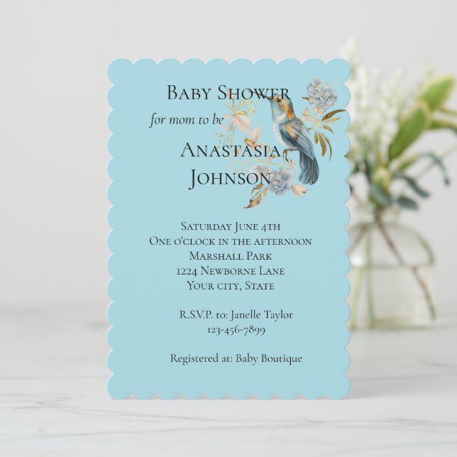 Invitación Blue Hummingbird Hydrangea Flores Baby Shower (Anverso de pie)