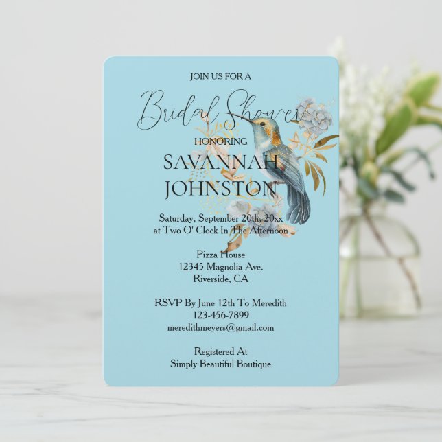 Invitación Blue Hummingbird Hydrangea Flowers Bridal Shower (Anverso de pie)