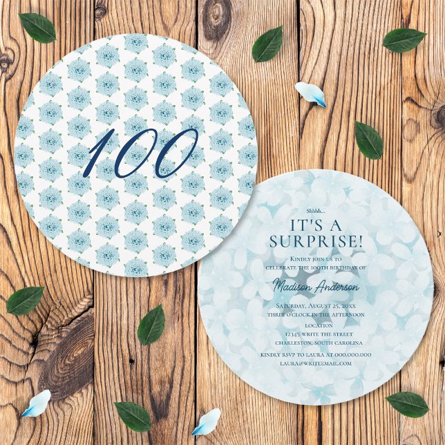 Invitación Blue Hydrangea 100th Surprise Birthday Party (Front and Back)