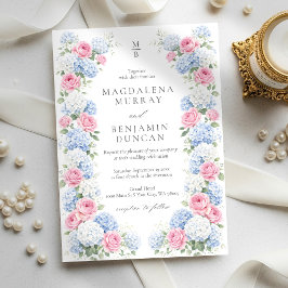 Invitación Blue Hydrangea and Pink Rose Floral Garden Wedding