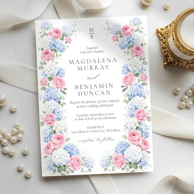 Invitación Blue Hydrangea and Pink Rose Floral Garden Wedding (Subido por el creador)