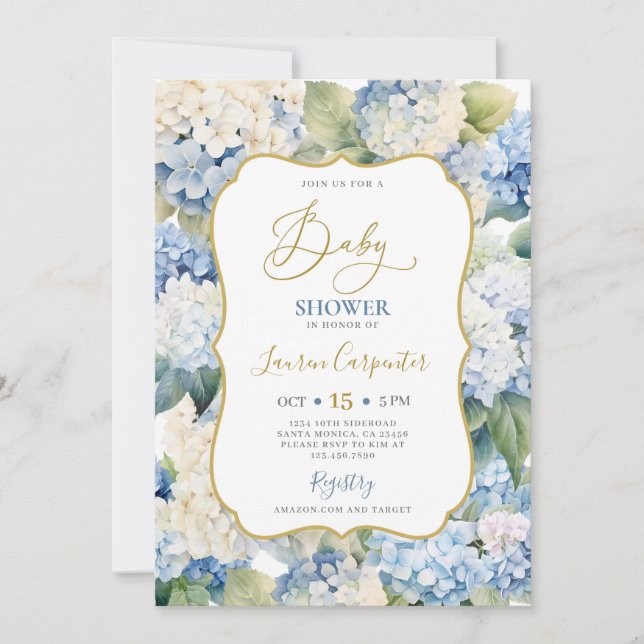Invitación Blue Hydrangea Baby Shower (Anverso)