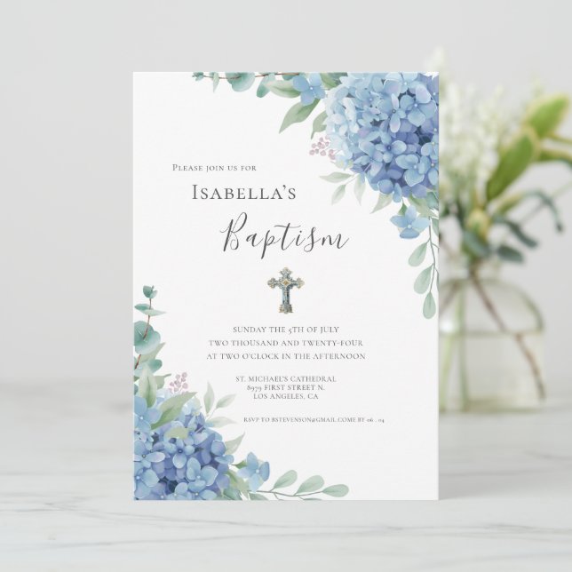 Invitación Blue Hydrangea Baptism Religious  (Anverso de pie)