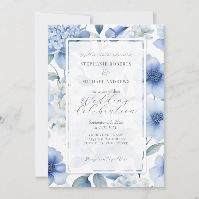 Invitación Blue Hydrangea Boda de acuarela floral elegante (Anverso)