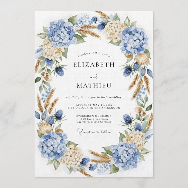 Invitación Blue Hydrangea Botanical Romance Wedding (Anverso)