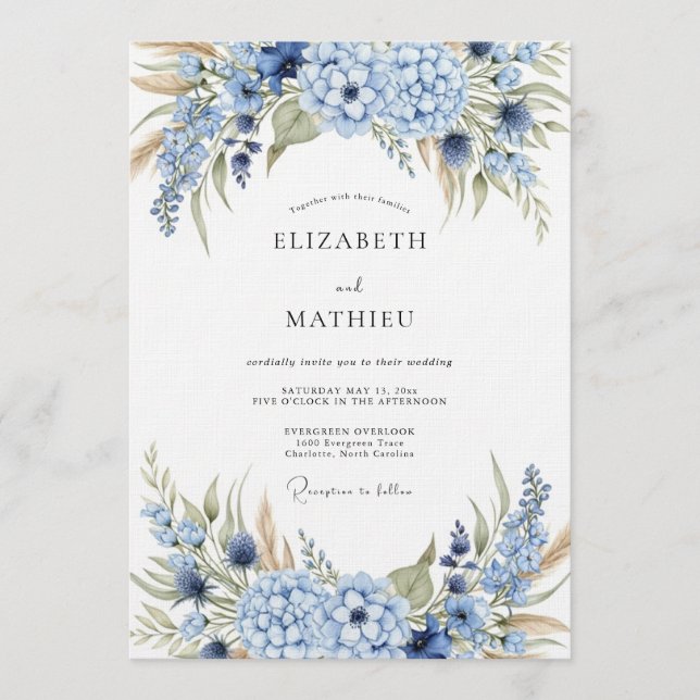 Invitación Blue Hydrangea Botanical Wedding (Anverso)