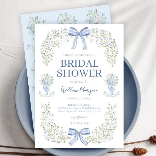 Invitación Blue Hydrangea Bow Bridal Shower Invitation (Subido por el creador)