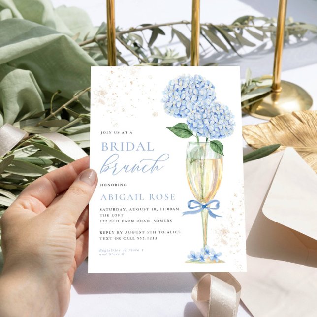 Invitación Blue Hydrangea Bridal Brunch Gold Champagne (Subido por el creador)