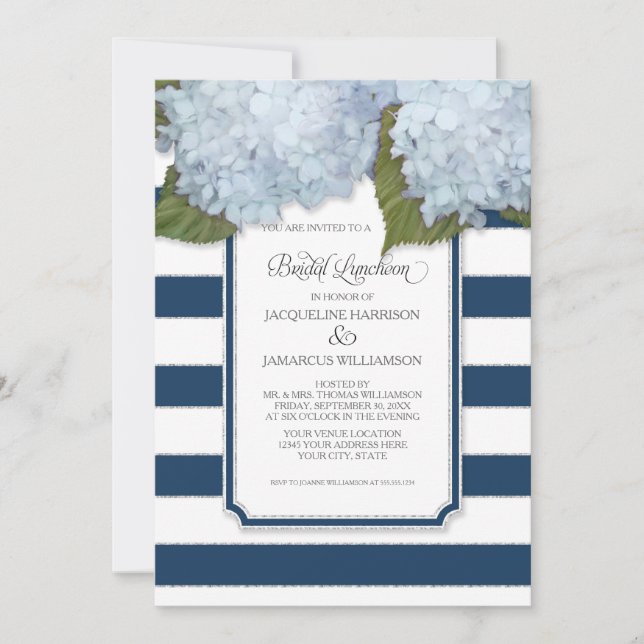 Invitación Blue Hydrangea Bridal Luncheon Navy Stripe Moderno (Anverso)