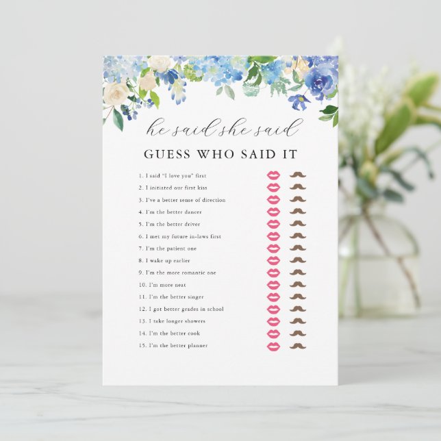 Invitación Blue Hydrangea Bridal Shower Dijo Que Dijo Juego (Anverso de pie)