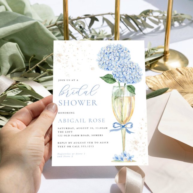 Invitación Blue Hydrangea Bridal Shower Gold Champagne (Subido por el creador)