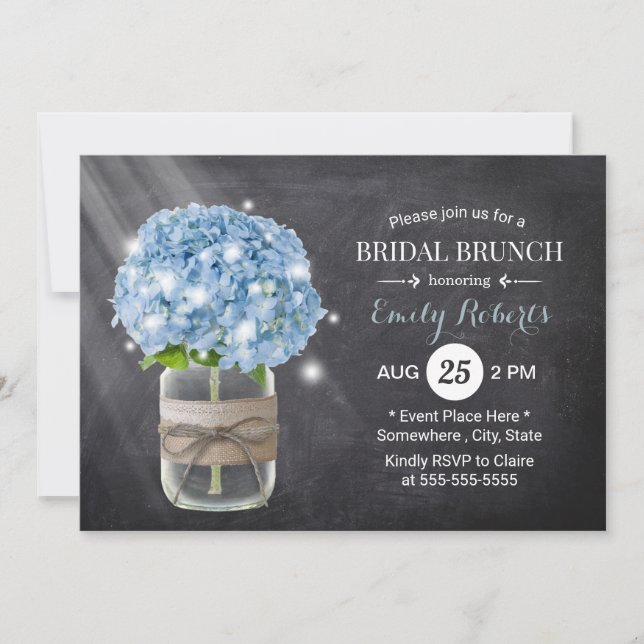 Invitación Blue Hydrangea Bridal Shower Rustic Chalkboard (Anverso)