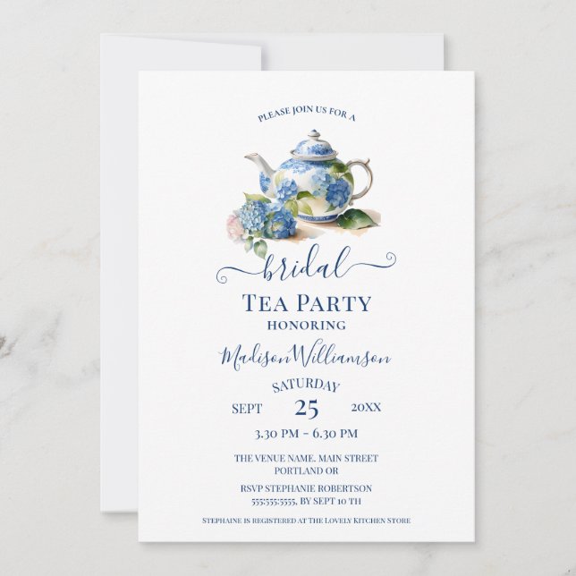 Invitación Blue Hydrangea Bridal Tea Fiesta (Anverso)