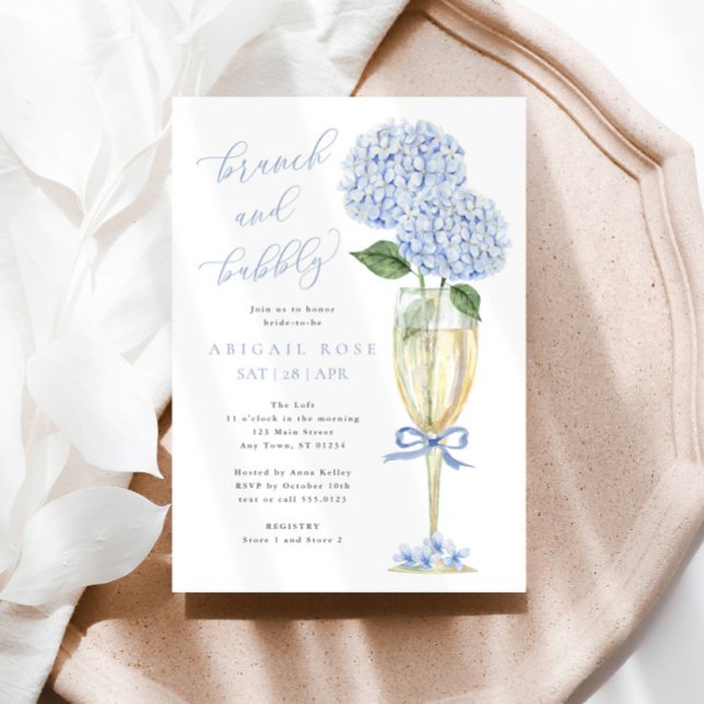 Invitación Blue Hydrangea Brunch and Bubbly Gold Champagne (Beautiful blue hydrangea flowers in a gold champagne flute.)