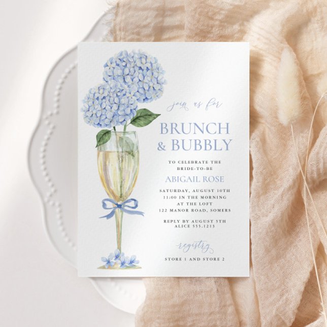 Invitación Blue Hydrangea Brunch and Bubbly Serif Champagne (Subido por el creador)