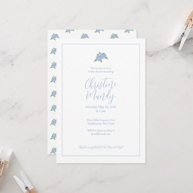 Invitación Blue Hydrangea Classic Coastal Bridal Shower (Anverso/Reverso In Situ)