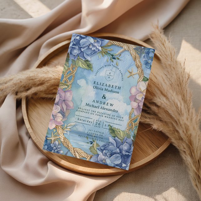 Invitación Blue Hydrangea Coastal Rope Wedding (Subido por el creador)