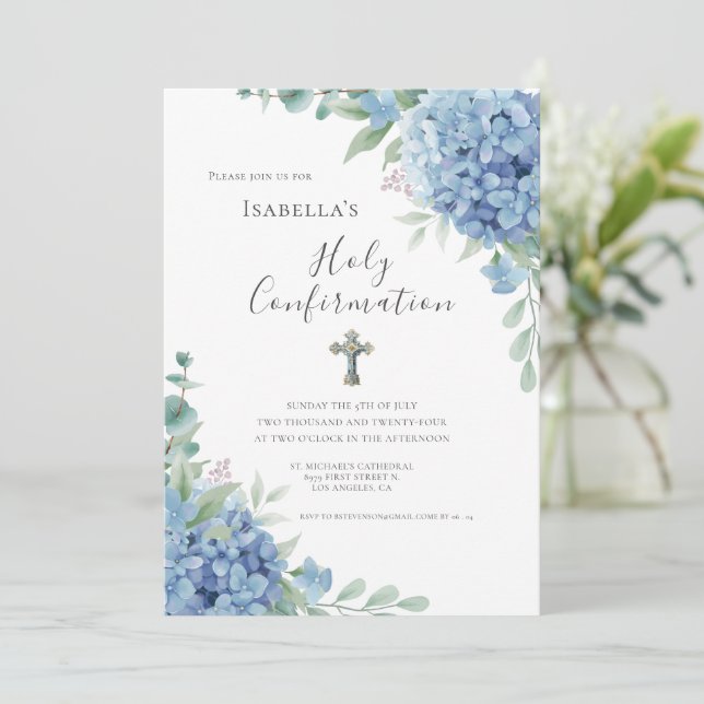 Invitación Blue Hydrangea Confirmation Religious (Anverso de pie)