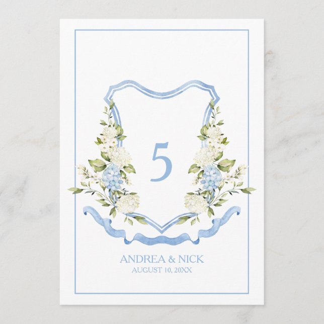 Invitación Blue Hydrangea Crest Monogram Card (Anverso)