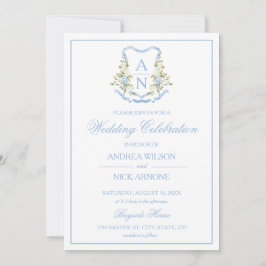 Invitación Blue Hydrangea Crest Monogram Wedding Invitation