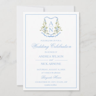 Invitación Blue Hydrangea Crest Monogram Wedding Invitation