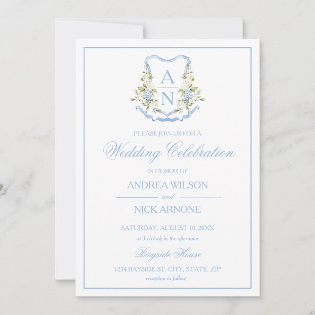 Invitación Blue Hydrangea Crest Monogram Wedding Invitation (Anverso)