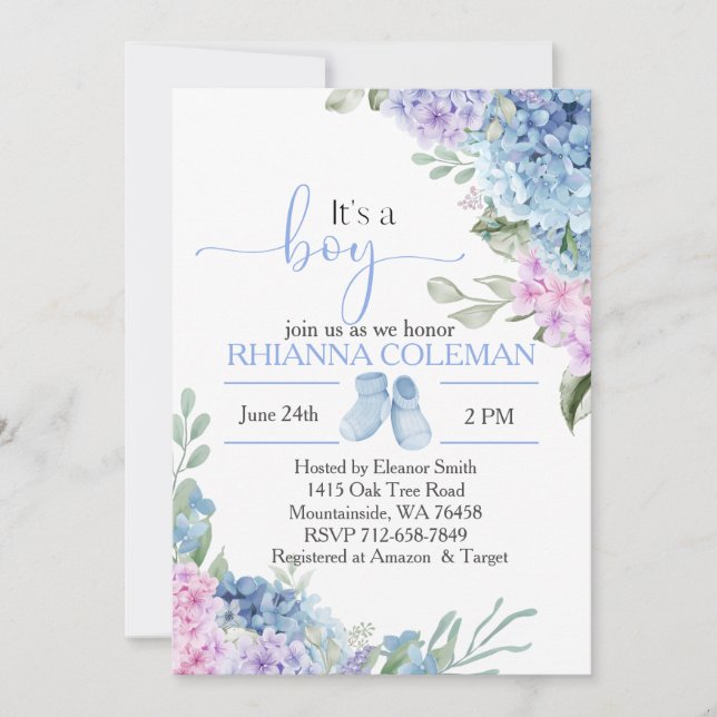 Invitación Blue Hydrangea elegante bebé ducha (Anverso)
