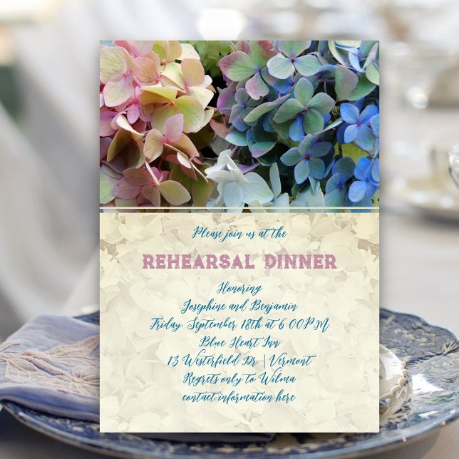 Invitación Blue Hydrangea Ensayo Cena Vintage Floral (Subido por el creador)