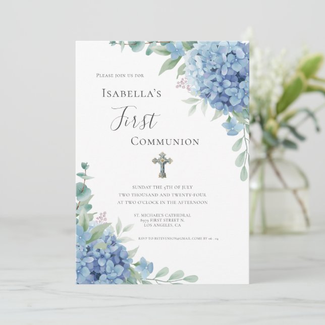 Invitación Blue Hydrangea First Communion Religious  (Anverso de pie)