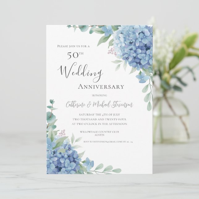 Invitación Blue Hydrangea Floral 50th Wedding Anniversary (Anverso de pie)