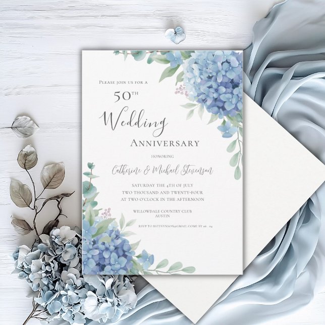 Invitación Blue Hydrangea Floral 50th Wedding Anniversary (Subido por el creador)