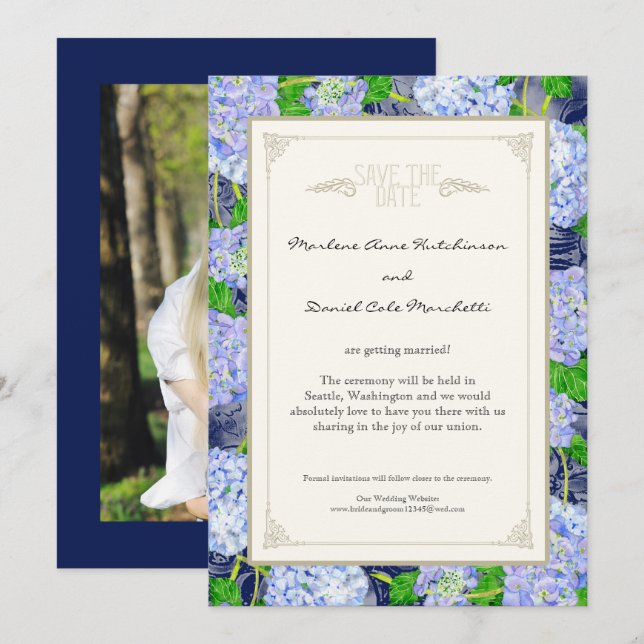 Invitación Blue Hydrangea Floral Art Deco Bodas Elegantes (Anverso / Reverso)