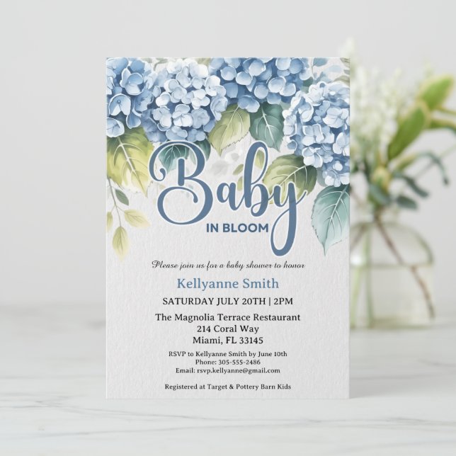 Invitación Blue Hydrangea Floral "Baby In Bloom" Shower (Anverso de pie)