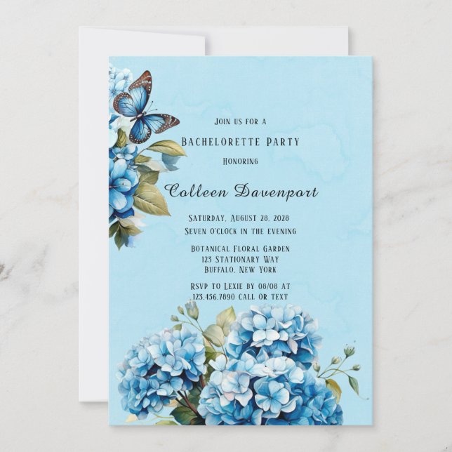 Invitación Blue Hydrangea Floral Butterfly Bachelorette Party (Anverso)
