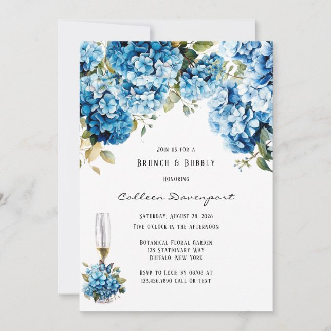 Invitación Blue Hydrangea Floral Butterfly Brunch & Bubbly (Anverso)