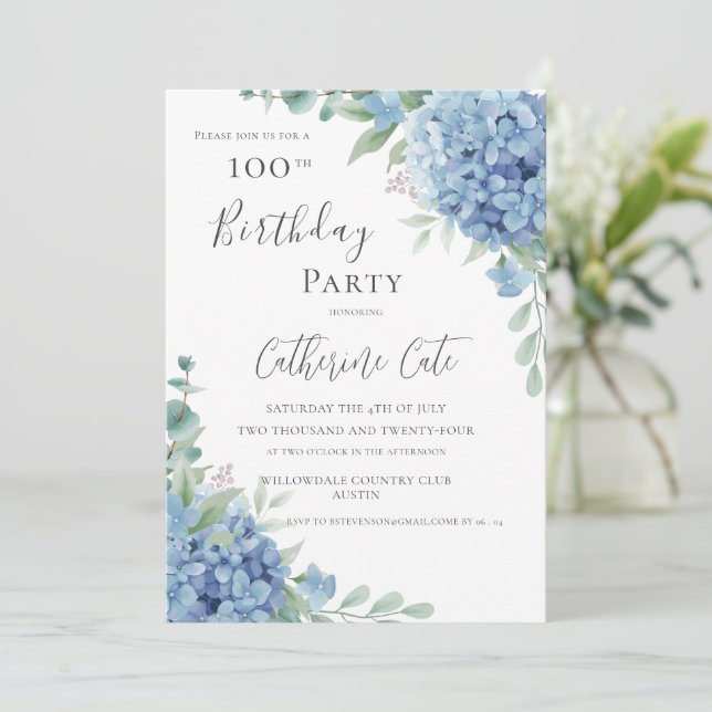 Invitación Blue Hydrangea Floral Elegant 100th Birthday (Anverso de pie)