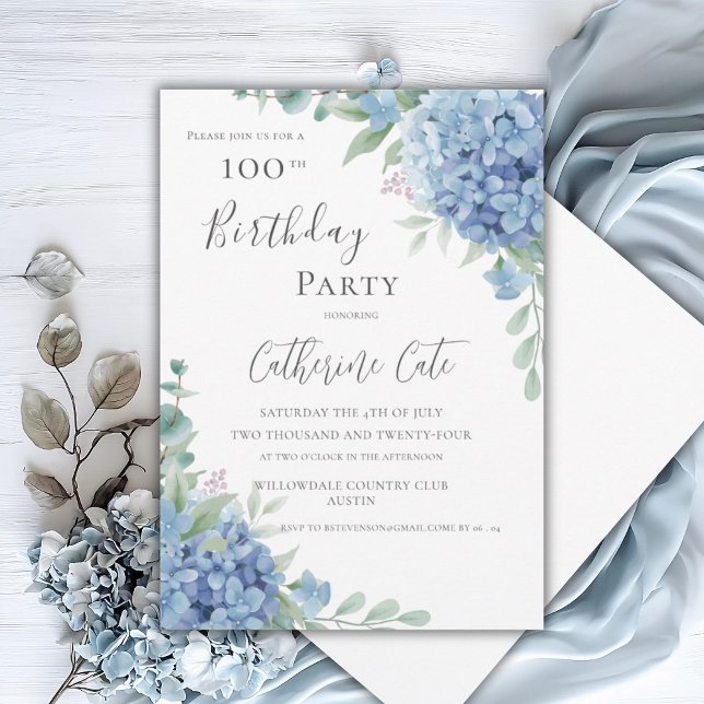 Invitación Blue Hydrangea Floral Elegant 100th Birthday (Subido por el creador)
