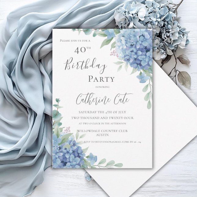 Invitación Blue Hydrangea Floral Elegant 40th Birthday (Subido por el creador)