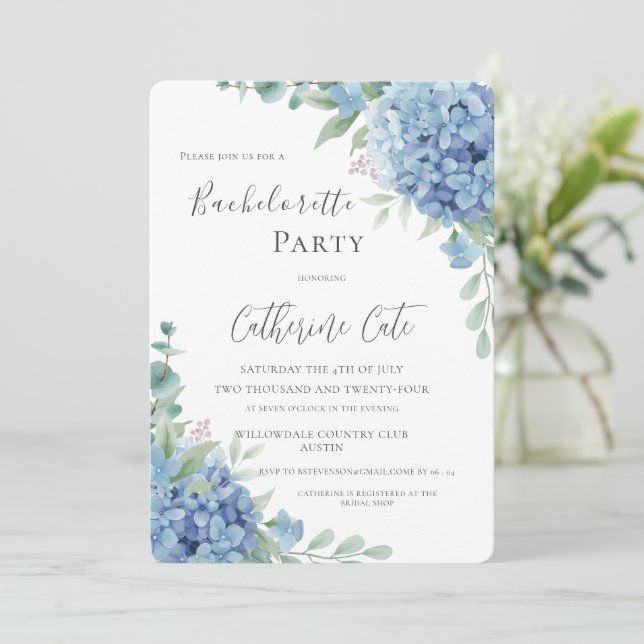 Invitación Blue Hydrangea Floral Elegant Bachelorette Party (Anverso de pie)