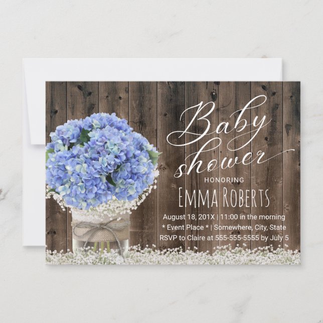 Invitación Blue Hydrangea Floral Jar Barn Wood Baby Shower (Anverso)