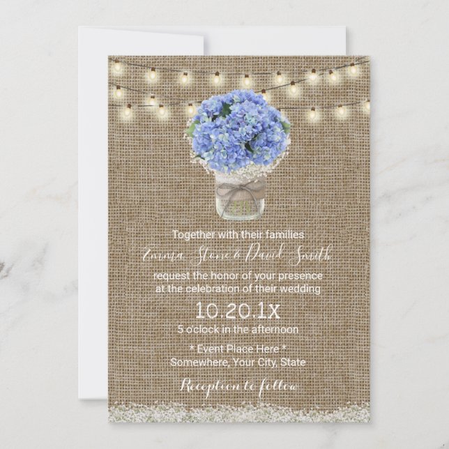 Invitación Blue Hydrangea Floral Jar Rustic Burlap Boda (Anverso)