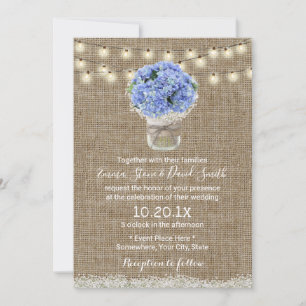 Invitación Blue Hydrangea Floral Jar Rustic Burlap Boda